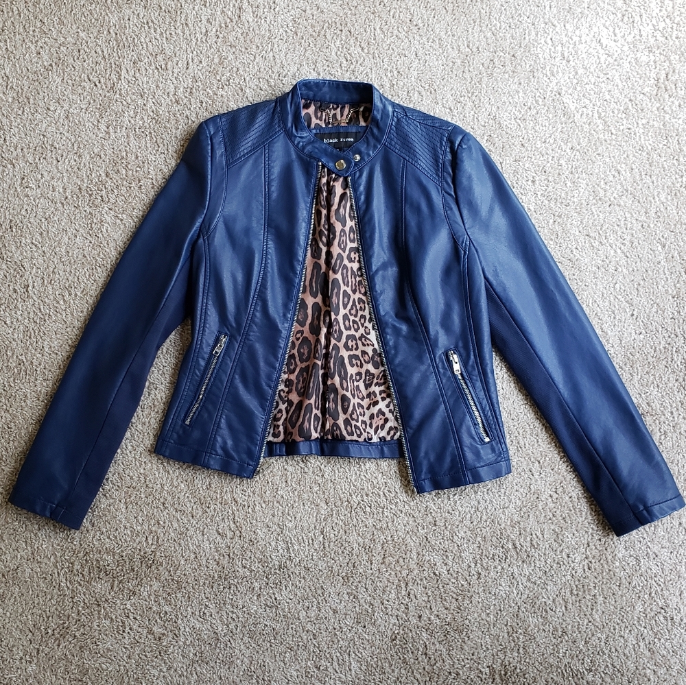 Navy Blue Faux Leather Moto Jacket Cheetah Lining
